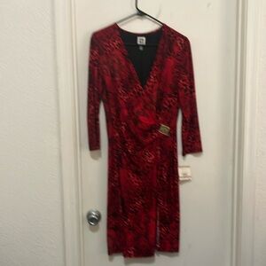 Anne Klein, Red and Black, Size 12, Long Sleeve Dress